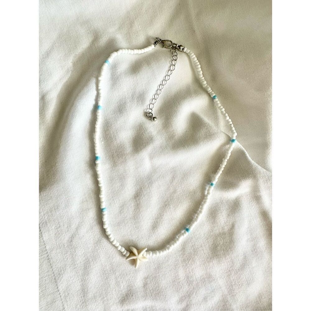 White and blue starfish beaded necklace